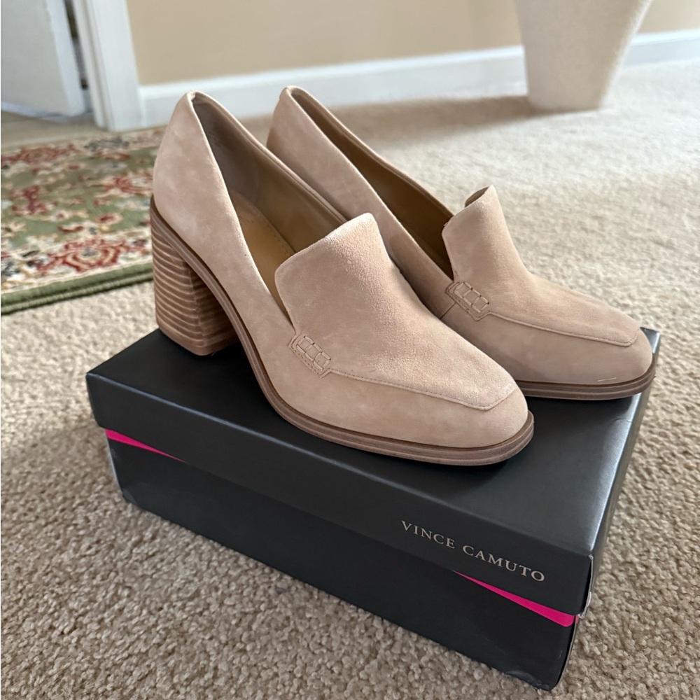 Vince Camuto Women's Beige Suede Block Heel Loafers